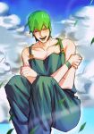  1girl bare_arms breasts closed_eyes cloud collarbone crossed_arms eyelashes foo_fighters green_hair green_lips highres jojo_no_kimyou_na_bouken josukemanura korean_commentary leaf lipstick makeup open_mouth outdoors short_hair sky smile solo stone_ocean teeth 