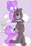  2023 anthro bear bed black_nose brown_body dialogue duo eyewear furniture glasses hi_res male mammal nipples padre_(unicorn_wars) pillow purple_body sargento_caricias sitting spanish_text text tonya1920021 unicorn_wars 