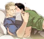  2boys albert_wesker bara bed black_pants blue_shirt blush book chris_redfield closed_eyes couple green_shirt holding holding_book kiss kissing_cheek male_focus multiple_boys muscular muscular_male on_bed open_book pants pillow resident_evil_1 shirt tatsumi_(psmhbpiuczn) yaoi 