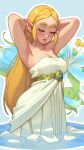  1girl armpits arms_behind_head arms_up bare_shoulders blonde_hair blush breasts cleavage highres jewelry long_hair official_alternate_costume official_alternate_hairstyle open_mouth partially_submerged pointy_ears princess_zelda riz sidelocks sleeveless solo the_legend_of_zelda the_legend_of_zelda:_breath_of_the_wild thick_eyebrows thick_lips 