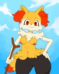  2023 4_fingers absurd_res anthro blue_sky bodily_fluids braixen breasts digital_drawing_(artwork) digital_media_(artwork) exposed_breasts female fingers fur generation_6_pokemon genitals hi_res holding_object nintendo nipples pokemon pokemon_(species) pussy red_eyes sky solo solo_focus sweat sweatdrop tail unknown_artist wide_hips yellow_body yellow_fur 