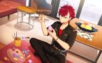  1boy bad_source black_pants bracelet breast_pocket brown_footwear crossed_legs easter_egg egg fingernails green_eyes hair_between_eyes happy_elements helios_rising_heroes highres jewelry male_focus official_art otori_akira paintbrush pants pocket red_hair shoes table third-party_source 