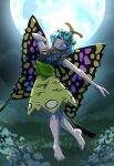  1girl antennae barefoot blue_hair butterfly_wings closed_eyes dancing eternity_larva flower full_body full_moon highres leaf leaf_on_head meadow moon multicolored_clothes nature night outdoors short_hair short_sleeves skirt smile solo spookoarts touhou wings yellow_skirt 