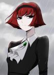  1girl black_eyes black_hairband bob_cut brooch closed_mouth cloud cloudy_sky dress expressionless formal hairband highres jewelry lightsource pale_skin r_dorothy_wayneright rain red_hair short_hair sky solo the_big_o upper_body 