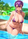  1girl bare_arms bare_shoulders bikini braid breasts cleavage collarbone commentary_request crown_braid day dutch_angle gundam gundam_suisei_no_majo highres large_breasts light_blush looking_at_viewer navel outdoors oyaman parted_lips partially_submerged pool purple_bikini purple_hair sabina_fardin sitting solo stomach string_bikini swimsuit twitter_username water yellow_eyes 