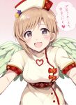  1girl aiba_yumi blonde_hair blush breasts brown_eyes dot_nose dress fake_wings feathered_wings gum_(vivid_garden) halloween hat heart highres idolmaster idolmaster_cinderella_girls idolmaster_cinderella_girls_starlight_stage looking_at_viewer medium_breasts nurse_cap open_mouth plaid_trim pumpkin red_trim short_hair short_sleeves simple_background smile solo speech_bubble translated upper_body white_background white_dress wings 