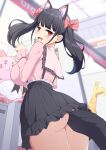  1girl :d anal_tail animal_ear_fluff animal_ears black_hair black_skirt blunt_bangs blurry blurry_background blush bow breasts cat_ears crane_game fake_tail fang hair_bow highres large_breasts long_hair long_sleeves looking_at_viewer mole mole_on_ass mole_under_eye open_mouth original paw_pose pink_shirt pleated_skirt polka_dot polka_dot_bow red_eyes sakamata_(sakamata4) shirt skirt smile solo standing tail thighs twintails 