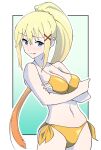  1girl bikini blonde_hair blue_eyes breasts cleavage cowboy_shot darkness_(konosuba) gradient_hair hair_ornament highres kono_subarashii_sekai_ni_shukufuku_wo! long_hair looking_at_viewer medium_breasts multicolored_hair noyama_takenoko orange_bikini ponytail side-tie_bikini_bottom solo standing swimsuit very_long_hair x_hair_ornament 