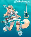  1girl :d absurdres animal_ear_fluff animal_ears arm_up bag belt blonde_hair blue-tinted_eyewear blue_background blue_eyes blue_theme body_fur commentary crop_top dog_ears dog_girl dog_tail eyewear_on_head fangs fewer_digits food frilled_footwear frilled_shirt frilled_shirt_collar frills from_below fruit_hair_ornament full_body furry furry_female guitar hair_ornament hairclip highres holding holding_food holding_popsicle instrument jumping long_hair looking_at_viewer midair navel open_mouth original outstretched_arm personification popsicle sandals shiiorina shirt simple_background skirt smile solo sunglasses symbol-only_commentary tail thigh_belt thigh_strap tinted_eyewear toeless_footwear two-sided_fabric wavy_hair white_footwear white_shirt white_skirt wrist_cuffs yellow_fur 