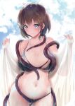  1girl bikini black_bikini blue_eyes braid breasts brown_hair charlotte_corday_(fate) cloud collarbone commentary_request dermar fate/grand_order fate_(series) highres large_breasts looking_at_viewer navel nipples sarong see-through_sarong short_hair signature single_braid smile solo swimsuit tentacles wet white_sarong 