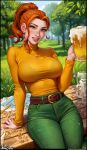  1girl absurdres alcohol arm_support aroma_sensei beer beer_mug belt bench blue_sky bra_visible_through_clothes bralines breasts cup freckles grass green_eyes green_pants grin highres jewelry large_breasts lips looking_at_viewer mug necklace nose orange_hair pants paper pencil ponytail ring robin_(stardew_valley) sitting sky smile solo stardew_valley tree wood 