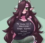  &lt;3 anthro big_breasts big_penis black_hair bottomwear breasts bulge cleavage clothed clothing dragon genitals green_eyes gynomorph hair hi_res horn huge_breasts huge_penis intersex limebreaker motion_lines one_eye_obstructed pants penis pink_body rose_(limebreaker) shirt smile solo standing text text_on_clothing text_on_shirt text_on_topwear topwear 