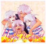  4boys arm_around_shoulder bakura_ryou black_shirt blue_shirt brown_eyes closed_eyes commentary_request dark-skinned_male dark_skin dual_persona fingernails grey_hair hair_between_eyes hakuga010 happy_birthday highres long_bangs long_hair looking_at_viewer male_focus multiple_boys open_mouth purple_eyes red_eyes scar scar_across_eye shirt short_hair smile striped striped_shirt tan teeth touzokuou_bakura upper_body v white_shirt yami_bakura yu-gi-oh! yu-gi-oh!_duel_monsters 