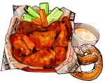  carrot celery chicken_(food) commentary cup drink english_commentary fast_food food food_focus fried_chicken jadenvargen no_humans original pretzel simple_background still_life vegetable white_background wrapper 