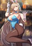  1girl animal_ears asuna_(blue_archive) asuna_(bunny)_(blue_archive) black_pantyhose blonde_hair blue_archive blue_bow blue_bowtie blue_eyes blue_leotard blush bow bowtie breasts cleavage detached_collar fake_animal_ears fake_tail gloves hair_over_one_eye halo high_heels highres holding holding_pole holding_tray large_breasts leotard long_hair looking_at_viewer official_alternate_costume pantyhose playboy_bunny pole solo tail tray very_long_hair vococo white_footwear white_gloves 
