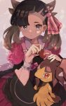  1girl asymmetrical_bangs black_hair candy chocolate commentary dress food green_eyes hair_ribbon hand_up heart heart-shaped_chocolate highres holding holding_chocolate holding_food looking_at_viewer marnie_(palentine&#039;s_2022)_(pokemon) marnie_(pokemon) mawile official_alternate_costume on_lap open_mouth pokemon pokemon_(creature) pokemon_(game) pokemon_masters_ex pokemon_on_lap red_dress revision ribbon short_sleeves twintails two_side_up umiru upper_body valentine wrist_cuffs 
