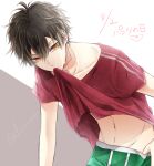  1boy black_hair boxer_briefs character_request clothes_lift commentary_request dated dear_vocalist looking_at_viewer male_focus male_underwear men0725 midriff_peek navel red_shirt shirt shirt_lift short_hair shorts solo translation_request twitter_username two-tone_background underwear yellow_eyes 