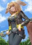  1girl absurdres belt blue_eyes body_markings bodysuit breasts brown_hair choker cloud cloudy_sky delicious_brain english_commentary eunie_(xenoblade) head_wings highres looking_down sky smile staff wings xenoblade_chronicles_(series) xenoblade_chronicles_3 