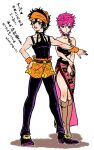  1boy 1girl black_bra black_hair blue_eyes boots bra breasts choker commentary_request hairband highres jojo_no_kimyou_na_bouken knee_boots medium_breasts midriff mugicha_(zoro1132) narancia_ghirga open_mouth orange_hairband pink_hair pink_skirt purple_eyes short_hair skirt translation_request trish_una underwear vento_aureo wristband 