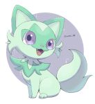  :d fangs full_body highres iwasi_29 no_humans pokemon pokemon_(creature) pokemon_(game) pokemon_sv purple_eyes smile sparkle sprigatito twitter_username white_background 