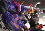  2boys battle black_bodysuit bodysuit buffalo chainsaw clash claw_(weapon) compound_eyes desire_driver driver_(kamen_rider) foreshortening fox from_side gun highres holding holding_gun holding_weapon horns id_core kamen_rider kamen_rider_buffa kamen_rider_geats kamen_rider_geats_(series) magnum_boost magnum_shooter_40x male_focus miyabi_(037) multiple_boys purple_armor raise_buckle rider_belt rivalry rivals scarf shoulder_spikes spikes tokusatsu weapon white_armor white_scarf zombie zombie_breaker 