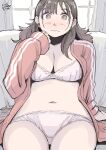  1girl blush bra breasts brown_eyes brown_hair couch curvy dated hadashi_no_kenji hand_up highres indoors jacket large_breasts long_hair long_sleeves navel on_couch open_clothes open_jacket original panties sitting sleeves_past_wrists track_jacket underwear white_bra white_panties window 