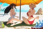  2girls ass barefoot beach beach_towel beach_umbrella bikini black_hair blonde_hair blue_sky bottle breasts cloud cooler day floating_hair full_body green_tea highres ice ice_cube inoue_takina large_breasts long_hair lycoris_recoil medium_breasts multiple_girls nishikigi_chisato one-piece_swimsuit outdoors palm_tree plastic_bottle purple_eyes ramune red_bikini red_eyes sand_castle sand_sculpture short_hair sitting sky solar_(happymonk) swimsuit tea towel tree umbrella white_one-piece_swimsuit 