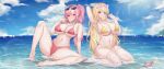  2girls absurdres arm_up bare_arms barefoot bikini bird blonde_hair blue_eyes blue_sky blush breasts cleavage closed_mouth cloud collarbone commission day deogho_(liujinzy9854) eyewear_on_head feet hair_between_eyes heart heart-shaped_eyewear highres horizon knee_up large_breasts lens_flare long_hair looking_at_viewer multiple_girls navel ocean original outdoors partially_submerged pink_hair ponytail red_bikini red_eyes seagull sitting sky smile spread_legs starfish stomach sunglasses swimsuit thighhighs toes underboob wariza wet white_thighhighs yellow_bikini 