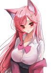  1girl absurdres animal_ear_fluff animal_ears black_skirt blush bow bowtie bread_hair_ornament breasts cat_ears cat_girl collared_shirt commentary highres indie_virtual_youtuber jacket large_breasts long_hair looking_at_viewer nini_yuuna parted_lips pink_bow pink_bowtie pink_eyes pink_hair pink_jacket pleated_skirt rifufu shirt simple_background skirt solo swept_bangs upper_body very_long_hair virtual_youtuber white_background white_shirt 