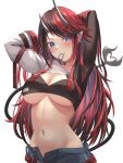  1girl arms_behind_head black_hair blue_eyes breasts demon_girl demon_horns demon_tail earrings ff-aerith-lightning-tifa1021 highres horns jewelry large_breasts long_hair looking_at_viewer midriff mouth_hold multicolored_hair nanashi_inc. navel navel_piercing open_fly piercing pointy_ears red_hair ryugasaki_rene solo tail two-tone_hair underboob virtual_youtuber 