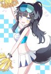  1girl absurdres animal_ears bare_shoulders black_hair blue_archive blue_background blue_eyes breasts cheerleader commentary_request dog_ears dog_girl dog_tail facial_mark flying_sweatdrops from_side goggles goggles_on_head halo hibiki_(blue_archive) hibiki_(cheerleader)_(blue_archive) highres jiu_(sdesd3205) long_hair looking_at_viewer looking_to_the_side medium_breasts motion_lines open_mouth pleated_skirt ponytail side_ponytail sidelocks skirt solo star_(symbol) sweat tail two-tone_background wavy_mouth white_background white_skirt 