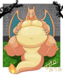  2023 3_fingers 3_toes absurd_res anthro biped bodily_fluids charizard digital_media_(artwork) feet fingers generation_1_pokemon hi_res huge_belly j1110_tanuki male musclegut navel nintendo nude pecs pokemon pokemon_(species) simple_background solo sweat sweatdrop thick_thighs toes wide_hips 