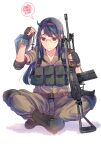  1girl absurdres ammunition_pouch arm_shield assault_rifle bad_id bad_twitter_id battle_rifle belt belt_buckle bipod black_gloves blue_hair boots brown_belt brown_pants brown_shirt buckle buttons chest_rig closed_mouth collarbone collared_shirt crossed_ankles daito dark_blue_hair elbow_pads fatigues fingerless_gloves flip-up_sight folding_stock frown full_body gloves green_footwear gun hairband highres holding holding_gun holding_weapon imi_galil long_hair looking_at_object military_uniform open_collar original pants pants_tucked_in parted_hair pouch purple_eyes red_hairband rifle semi-rimless_eyewear shadow shield shirt shirt_tucked_in short_sleeves simple_background sitting solo speech_bubble spoken_squiggle squiggle swept_bangs third-party_source tsurime uniform weapon white_background 