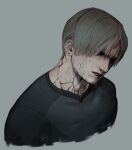  1boy black_shirt commentary empty_eyes english_commentary grey_eyes highres kiwi_scorner leon_s._kennedy light_brown_hair male_focus portrait profile resident_evil resident_evil_4 shirt solo veins 