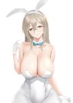  1girl absurdres akane_(blue_archive) akane_(bunny)_(blue_archive) animal_ears bare_shoulders blue_archive breasts brown_eyes cleavage collarbone commentary_request fake_animal_ears glasses gloves grey_hair hair_between_eyes hairband highleg highleg_leotard highres huge_breasts leotard long_hair looking_at_viewer mippei pantyhose playboy_bunny rabbit_ears sidelocks simple_background sleeveless smile solo strapless strapless_leotard white_background white_gloves white_leotard white_pantyhose 