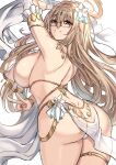  1girl akane_(blue_archive) armlet ass blonde_hair blue_archive breasts brown_eyes butt_crack cenangam closed_mouth dancer flower from_behind glasses hair_flower hair_ornament halo harem_outfit highres large_breasts long_hair looking_at_viewer looking_back revealing_clothes sideboob smile solo thighlet v very_long_hair 