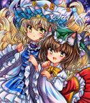  2girls :d :o animal_ear_fluff animal_ear_piercing animal_ears blonde_hair blue_tabard blush bow bowtie breasts brown_eyes brown_hair cat_ears cat_girl cat_tail chen dress embellished_costume fang fox_tail frilled_headwear frilled_shirt_collar frilled_sleeves frills green_headwear hat hat_tassel long_sleeves looking_at_viewer marker_(medium) medium_hair mob_cap multiple_girls multiple_tails ofuda ofuda_on_clothes open_mouth parted_lips red_skirt red_vest rui_(sugar3) sample_watermark shirt skirt skirt_set small_breasts smile tabard tail tassel touhou traditional_media vest watermark white_dress white_headwear white_shirt wide_sleeves yakumo_ran yellow_bow yellow_bowtie yellow_eyes 