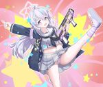  +_+ 1girl :d ahoge arm_up ass backpack bag black_coat blue_archive coat collarbone commentary_request grey_serafuku grey_skirt gun hair_between_eyes hair_bobbles hair_ornament halo highres holding holding_gun holding_weapon index_finger_raised leg_up long_hair long_sleeves looking_at_viewer low_twintails multicolored_hair navel open_clothes open_coat panties pleated_skirt pointing pointing_up purple_eyes purple_hair reisa_(blue_archive) school_uniform serafuku sidelocks simple_background skirt smile solo standard_manufacturing_dp-12 standing standing_on_one_leg star_(symbol) star_hair_ornament starry_background stomach striped striped_panties striped_thighhighs thighhighs twintails two-tone_hair underwear weapon wjddn 
