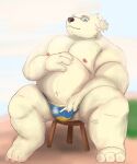  anthro bear belly bulge cigarette clothing eyebrows fur furniture hair hi_res leib_(tas) lifewonders male mammal musclegut navel nipples pecs pendoggo polar_bear ponytail sitting smoking solo speedo stool swimwear thick_eyebrows tokyo_afterschool_summoners ursine white_body white_fur 