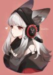  1girl andou_yuna animal_ears arknights artist_name beanie black_headwear closed_mouth commentary ears_through_headwear fox_ears frostleaf_(arknights) grey_hair grey_shirt hat headphones heart highres implied_extra_ears long_hair red_background red_eyes shirt signature solo upper_body 