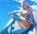  1girl araneesama blue_sky breasts closed_mouth elbow_gloves gloves hat high_heels highres knees_up large_breasts long_hair looking_at_viewer navel nurse_cap on_railing outdoors purple_eyes purple_hair quinella railing sitting sky smile solo sword_art_online sword_art_online:_alicization thighhighs very_long_hair white_footwear white_gloves white_thighhighs 