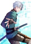  azuma_yuuri belt black_belt black_gloves coat fingerless_gloves gloves green_coat grey_eyes grey_hair katana knife pants reaching reaching_towards_viewer riichu scabbard shadow sheath sheathed short_hair sword thigh_belt thigh_strap weapon yuusha_shoukougun 