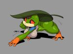  2023 all_fours amphibian anthro big_breasts big_butt bottomless breasts brown_hair butt clothed clothing female frog green_body hair hi_res joaoppereiraus leaf leaf_on_head lotte_(joaoppereiraus) multicolored_body non-mammal_breasts orange_body red_sclera signature simple_background solo tan_body thick_thighs 