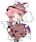  1girl animal_ears bird_ears bird_wings black_footwear blush brown_dress brown_headwear brown_socks dress full_body grey_eyes hat highres ini_(inunabe00) kneehighs mystia_lorelei one_eye_closed open_mouth pink_hair shoes short_hair simple_background sleeve_garter sleeves_past_fingers sleeves_past_wrists smile socks solo touhou white_background white_wings wide_sleeves winged_footwear winged_hat wings 