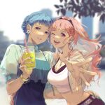  2girls ;d alternate_costume blue_hair breasts camisole casual cleavage commentary contemporary crop_top cup disposable_cup drinking_straw earrings fire_emblem fire_emblem:_three_houses grey_eyes grin highres hilda_valentine_goneril holding holding_cup hoop_earrings jewelry large_breasts long_hair looking_at_viewer marianne_von_edmund midriff multiple_girls navel one_eye_closed open_mouth pink_hair puffy_short_sleeves puffy_sleeves purple_eyes see-through see-through_sleeves shiroi_(shiroicbe) short_hair short_sleeves smile spaghetti_strap stomach upper_body 