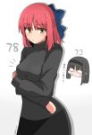  2girls absurdres black_hairband black_skirt black_sweater blue_bow blush bow breast_envy breasts chibi closed_mouth commentary_request crying crying_with_eyes_open hair_bow hairband half_updo highres kohaku_(tsukihime) long_hair long_sleeves maz_515 multiple_girls red_hair short_hair simple_background skirt sweatdrop sweater tears tohno_akiha translation_request tsukihime turtleneck turtleneck_sweater twitter_username white_background yellow_eyes 