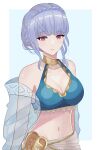  1girl bikini blue_bikini blue_hair blunt_bangs braid crown_braid fire_emblem fire_emblem:_three_houses fire_emblem_heroes halterneck highres light_blue_hair looking_at_viewer marianne_von_edmund marianne_von_edmund_(summer) n_54 navel official_alternate_costume parted_lips purobe solo swimsuit teeth upper_body 