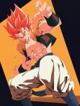 1boy abs baggy_pants biceps black_background blue_sash bracer bure_(fantasticyouth7) collarbone commentary_request dragon_ball dragon_ball_super feet_out_of_frame gogeta hair_between_eyes highres looking_at_viewer male_focus metamoran_vest muscular muscular_male open_clothes open_vest orange_background pants parted_lips pectorals red_eyes red_hair sash simple_background smile smirk solo spiked_hair standing super_saiyan super_saiyan_god two-tone_background v-shaped_eyebrows vest white_pants 