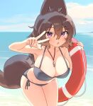  1girl :o animal_ears beach bikini black_bikini blue_sky blush breasts brown_hair cleavage cloud collarbone day dog_ears dog_tail hair_between_eyes holding horizon innertube large_breasts leaning_forward long_hair looking_at_viewer ocean open_mouth original outdoors purple_eyes side-tie_bikini_bottom sky solo swimsuit tail v whistle whistle_around_neck wolflove 