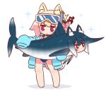  2girls animal animal_ear_fluff animal_ears animalization barefoot bell blonde_hair blue_jacket blue_one-piece_swimsuit blush chibi closed_mouth collar diving_mask diving_mask_on_head fish fox_ears fox_girl fox_tail full_body goggles goggles_on_head hair_between_eyes hair_ornament highres holding holding_animal hood hood_down hooded_jacket jacket jingle_bell kemomimi-chan_(naga_u) long_sleeves looking_at_viewer marlin_(fish) multiple_girls naga_u neck_bell one-piece_swimsuit open_clothes open_jacket original puffy_long_sleeves puffy_sleeves purple_collar purple_eyes shadow simple_background sleeves_past_fingers sleeves_past_wrists sparkle standing swimsuit tail v-shaped_eyebrows white_background 